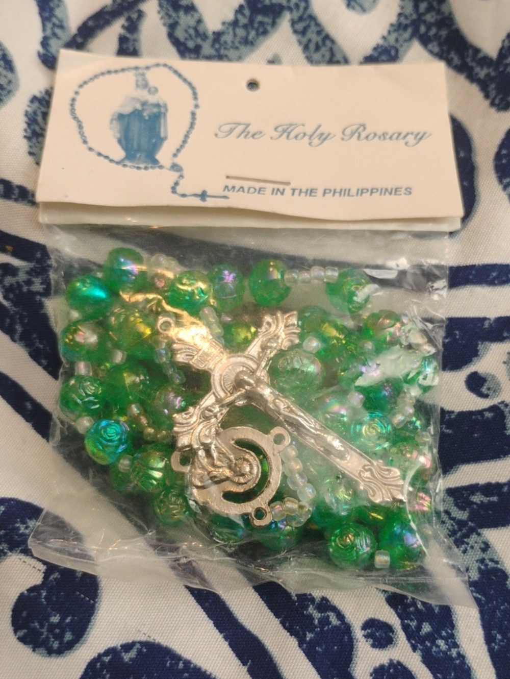 Green Rosary Necklace with Silver Cross by